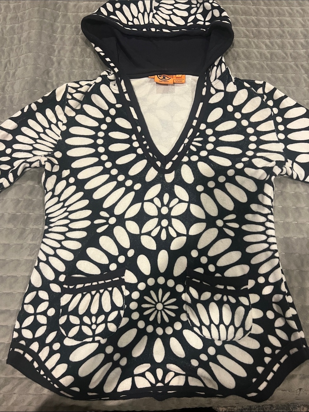 Tory Burch Navy & White Floral-Pattern Hooded Tunic